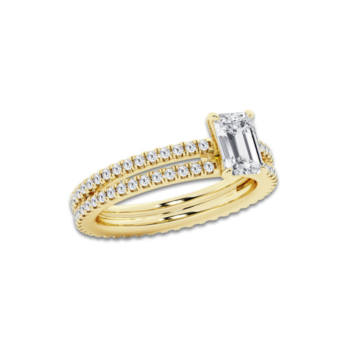 1.69 ctw Emerald Lab-Grown Diamond Double Row Diamond Engagement Ring in 14K Yellow Gold for Women | Colorless E, VS1 Clarity, IGI Certified 1.00 ct Center Diamond