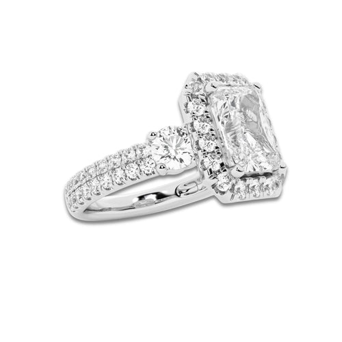 3 1/4 ctw Radiant Lab Grown Diamond Double Row Side Stones Halo Engagement Ring Platinum, E, VS1 | 2 ct Center