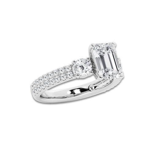 3.50 ctw Emerald Lab-Grown Diamond Three Stone Double Row Engagement Ring in 14K White Gold for Women | E Color, VS1 Clarity, IGI Certified 2.50 ct Center Diamond