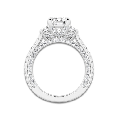 3 1/10 ctw Emerald Lab Grown Diamond Three Stone Engagement Ring with Side Diamonds Platinum, D, VVS | 2 ct Center