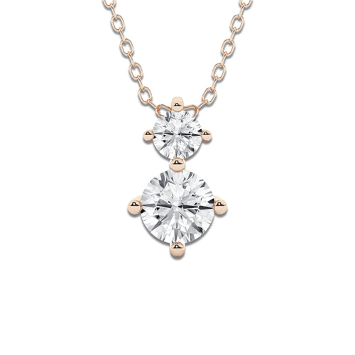1 ctw Round Lab Grown Diamond Two Stone Pendant with Adjustable Chain 14K Rose Gold, DE, VS1 | 3/4 ct Center