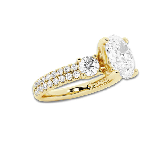 2.25 ctw Oval Lab-Grown Diamond Three Stone Double Row Engagement Ring in 14K Yellow Gold for Women | E Color, VS1 Clarity, IGI Certified 1.50 ct Center Diamond