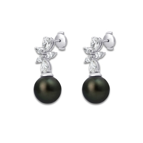 11 mm Tahitian Pearl with 2 ctw Lab Grown Diamond Drop Earrings 14K White Gold, Tahitan