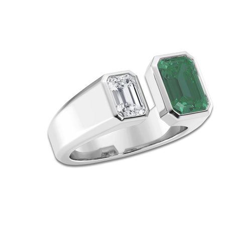 Duo 8.6x6.0mm Created Emerald and 3/4 ctw Emerald Lab Grown Diamond Two Stone Ring 14K White Gold, E, VS1 | 3/4 ct Center