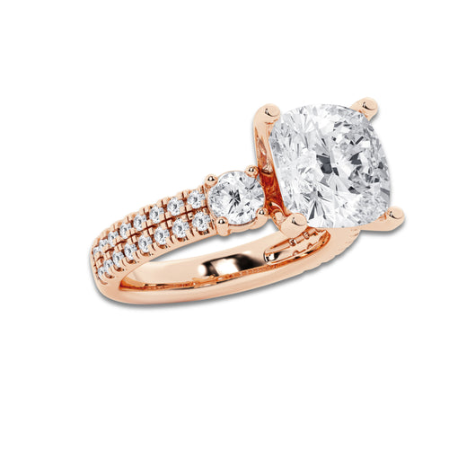 6.96 ctw Cushion Lab-Grown Diamond Three Stone Double Row Engagement Ring in 14K Rose Gold for Women | E Color, VS1 Clarity, IGI Certified 6.00 ct Center Diamond