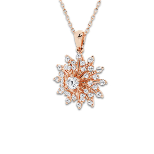 3/4 ctw Round Lab Grown Diamond Sunburst Pendant with Adjustable Chain 14K Rose Gold, DE, VS1 | 1/5 ct Center