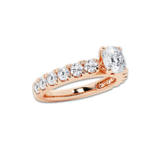 2.00 ctw Cushion Lab-Grown Diamond Split-Prong Set Side Stone Engagement Ring in 14K Rose Gold for Women | Colorless E, VS1 Clarity, IGI Certified 1.00 ct Center Diamond