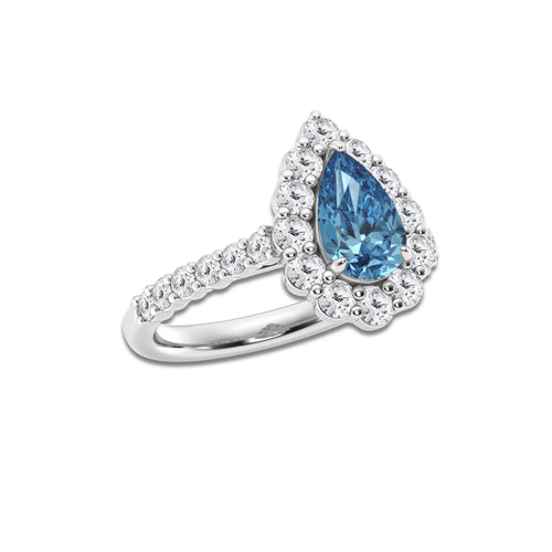 Auriga 2 ctw Pear Fancy Blue Lab Grown Diamond With Prong Set Frame Halo Engagement Ring 14K White Gold | 1 ct Center