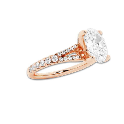 1.83 ctw Oval Lab-Grown Diamond Split Shank Side Stone Engagement Ring in 14K Rose Gold for Women | Colorless E, VS1 Clarity, IGI Certified 1.50 ct Center Diamond