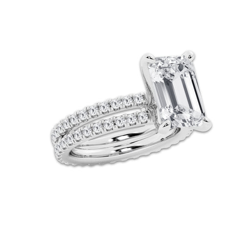 6.22 ctw Emerald Lab-Grown Diamond Double Row Diamond Engagement Ring in 14K White Gold for Women | Colorless E, VS1 Clarity, IGI Certified 5.00 ct Center Diamond