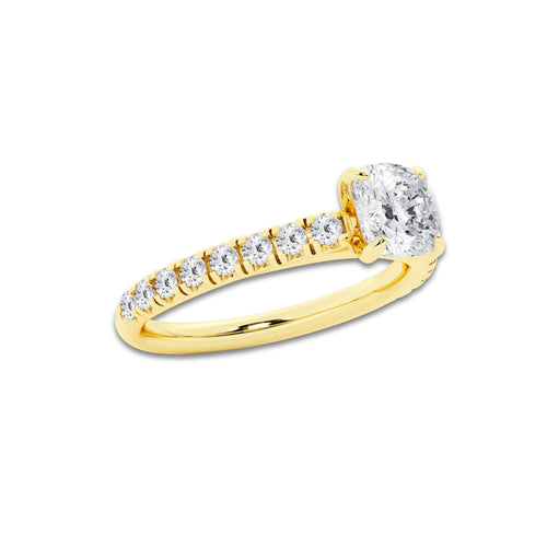 0.89 ctw Cushion Lab-Grown Diamond Pave Engagement Ring in 14K Yellow Gold for Women | E Color, VS1 Clarity, IGI Certified 0.50 ct Center Diamond