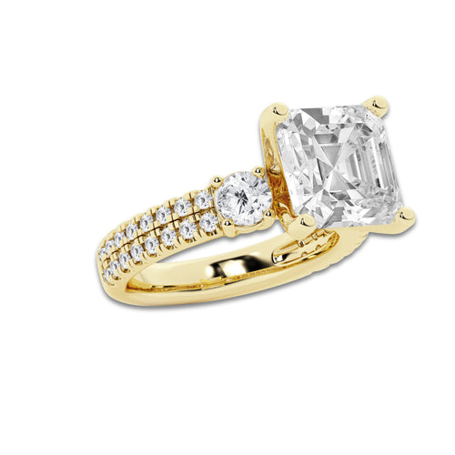 6.96 ctw Asscher Lab-Grown Diamond Three Stone Double Row Engagement Ring in 14K Yellow Gold for Women | E Color, VS1 Clarity, IGI Certified 6.00 ct Center Diamond