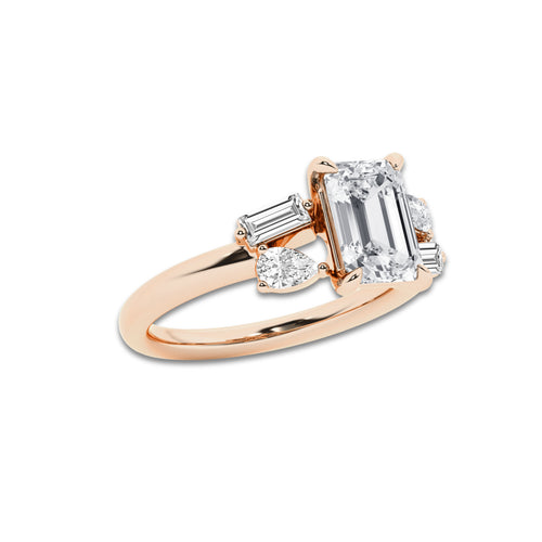 Miranda 2 1/2 ctw Emerald Lab Grown Diamond with Pear and Baguette Side Stone Engagement Ring 14K Rose Gold, D, VVS | IGI Certified, 2 ct Center