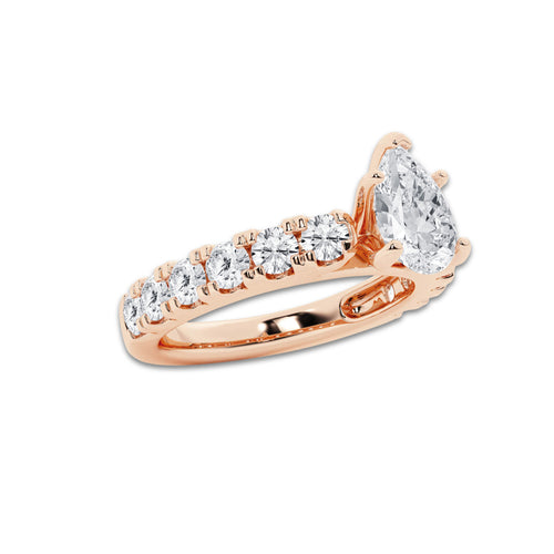 2.00 ctw Pear Lab-Grown Diamond Split-Prong Set Side Stone Engagement Ring in 14K Rose Gold for Women | Colorless E, VS1 Clarity, IGI Certified 1.00 ct Center Diamond