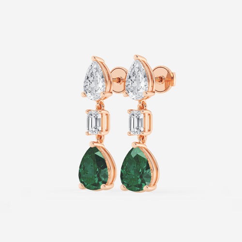 10x8mm Pear Cut Created Emerald with 2 7/8 ctw Emerald and Pear Lab Grown Diamond Drop Earrings 14K Rose Gold