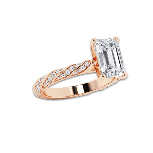 5.42 ctw Emerald Lab-Grown Diamond Twisted Band Engagement Ring in 14K Rose Gold for Women | Colorless E, VS1 Clarity, IGI Certified 5.00 ct Center Diamond