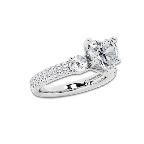3.50 ctw Heart Lab-Grown Diamond Three Stone Double Row Engagement Ring in Platinum for Women | E Color, VS1 Clarity, IGI Certified 2.50 ct Center Diamond