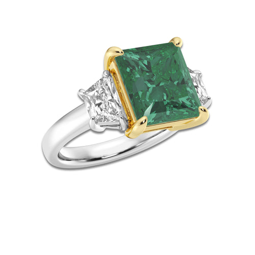 Moonflower 8 1/5 ctw Princess Cut Emerald & Half Moon Lab Grown Diamond Engagement Ring 14K Two-Tone White & Yellow Gold | 7 ct Center