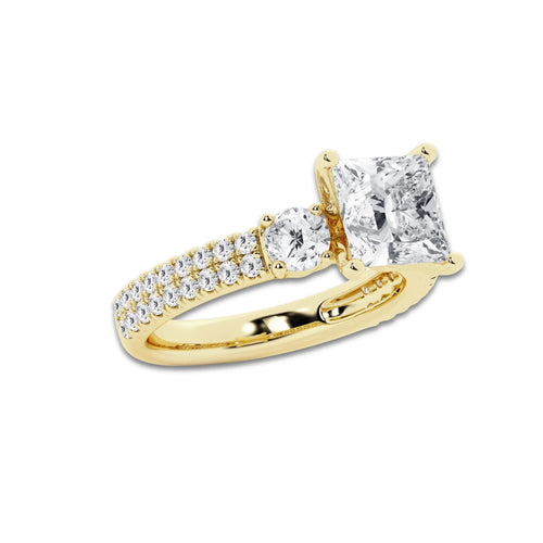 3.50 ctw Princess Lab-Grown Diamond Three Stone Double Row Engagement Ring in 14K Yellow Gold for Women | E Color, VS1 Clarity, IGI Certified 2.50 ct Center Diamond