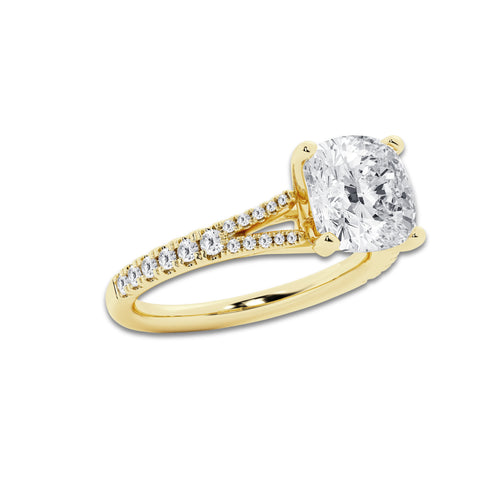 3.33 ctw Cushion Lab-Grown Diamond Split Shank Side Stone Engagement Ring in 14K Yellow Gold for Women | Colorless D, VVS1 Clarity, IGI Certified 3.00 ct Center Diamond