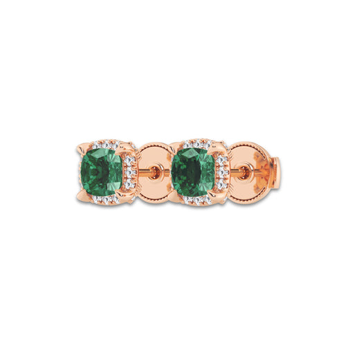 7.0X7.0 mm Cushion Cut Created Emerald and 1/3 ctw Round Lab Grown Diamond Shadow Halo Stud Earrings 14K Rose Gold