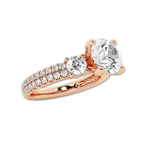 3.00 ctw Round Lab-Grown Diamond Three Stone Double Row Engagement Ring in 14K Rose Gold for Women | E Color, VS1 Clarity, IGI Certified 2.00 ct Center Diamond
