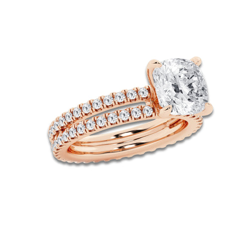 3.89 ctw Cushion Lab-Grown Diamond Double Row Diamond Engagement Ring in 14K Rose Gold for Women | Colorless D, VVS1 Clarity, IGI Certified 3.00 ct Center Diamond