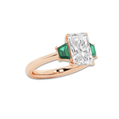 Camellia 3 ctw Radiant Lab Grown Diamond and 5.5x3.3x2.2 mm Trapezoid Created Emerald Three-Stone Ring 14K Rose Gold, D, VVS | IGI Certified, 3 ct Center