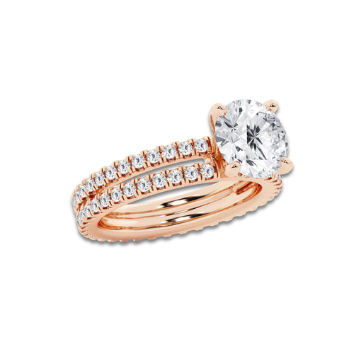 3.39 ctw Round Lab-Grown Diamond Double Row Diamond Engagement Ring in 14K Rose Gold for Women | Colorless E, VS1 Clarity, IGI Certified 2.50 ct Center Diamond