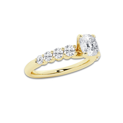 1.54 Ct Cushion Lab-Grown Diamond Half Eternity Engagement Ring in 14K Yellow Gold for Female, Colorless (D), VVS1 Clarity | IGI Certified, 1.00 Ct Center Diamond