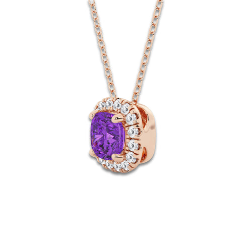 5.7x5.5 mm Cushion Cut Created Amethyst and 1/5 ctw Round Lab Grown Diamond Halo Pendant with Adjustable Chain 14K Rose Gold