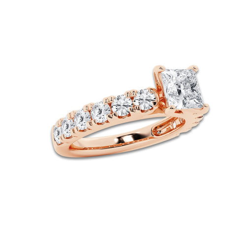 2.00 ctw Princess Lab-Grown Diamond Split-Prong Set Side Stone Engagement Ring in 14K Rose Gold for Women | Colorless E, VS1 Clarity, IGI Certified 1.00 ct Center Diamond