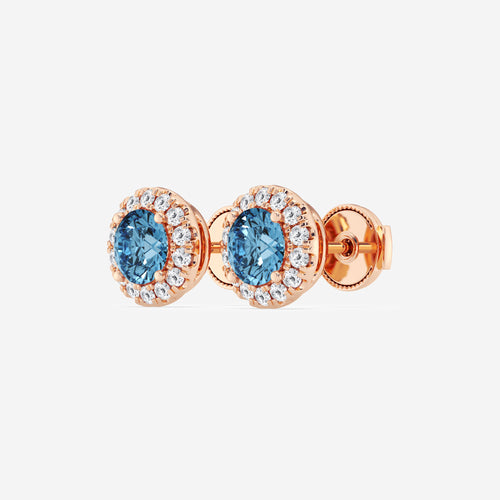 1 1/2 ctw Round Lab Grown Diamond Fancy Blue Halo Stud Earrings 14K Rose Gold, Fancy Blue, SI1