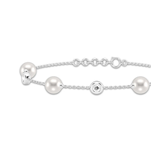 6.5 - 7.0 mm Cultured Freshwater Pearl and 1/2 ctw Lab Grown Diamond Alternating Adjustable Chain Bracelet - 7-8 Inches 14K White Gold