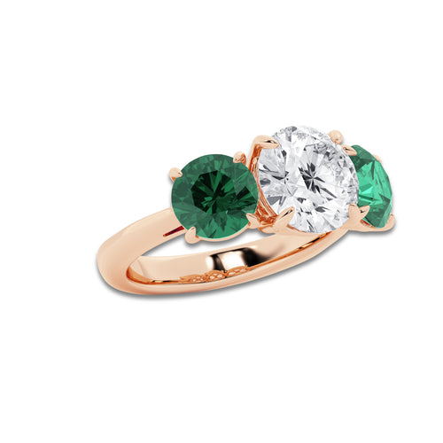 Hibiscus 3 ctw Round Lab Grown Diamond and 7.2 mm Round Shape Created Emerald Three-Stone Engagement Ring 14K Rose Gold, D, VVS | IGI Certified, 3 ct Center