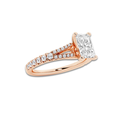 1.33 ctw Radiant Lab-Grown Diamond Split Shank Side Stone Engagement Ring in 14K Rose Gold for Women | Colorless E, VS1 Clarity, IGI Certified 1.00 ct Center Diamond