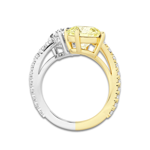 6 3/4 ctw Fancy Yellow Round Lab Grown Diamond Bypass Ring 14K Two-Tone White & Yellow Gold | 3 ct Center