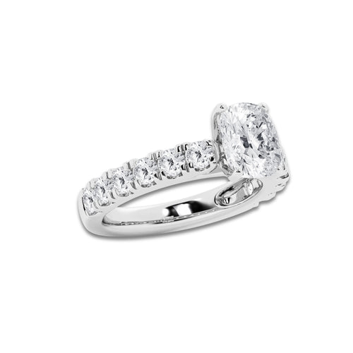 3.00 ctw Elongated Cushion Lab-Grown Diamond Split-Prong Set Side Stone Engagement Ring in 14K White Gold for Women | Colorless E, VS1 Clarity, IGI Certified 2.00 ct Center Diamond