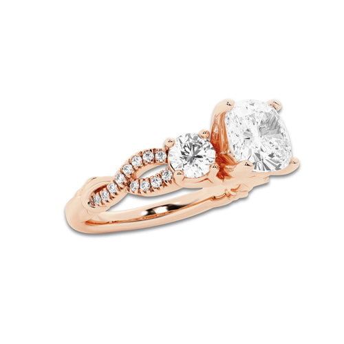 1.48 ctw Cushion Lab-Grown Diamond Side Stone Engagement Ring in 14K Rose Gold for Women | Colorless E, VS1 Clarity, IGI Certified 1.00 ct Center Diamond