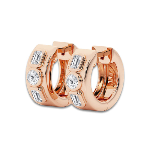 1 ctw Round and Emerald Lab Grown Diamond Three Stone Huggie Hoop Earrings 14K Rose Gold, DE, VS1
