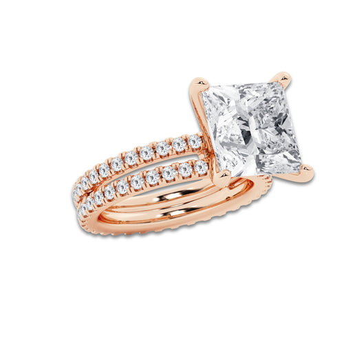 8.22 ctw Princess Lab-Grown Diamond Double Row Diamond Engagement Ring in 14K Rose Gold for Women | Colorless D, VVS1 Clarity, IGI Certified 7.00 ct Center Diamond