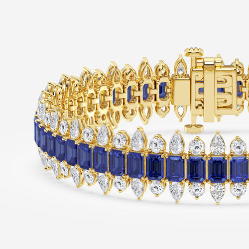 14 1/2 Emerald Cut Created Sapphire and Round and Pear Lab Grown Diamond Bracelet - 7 Inches 14K Yellow Gold