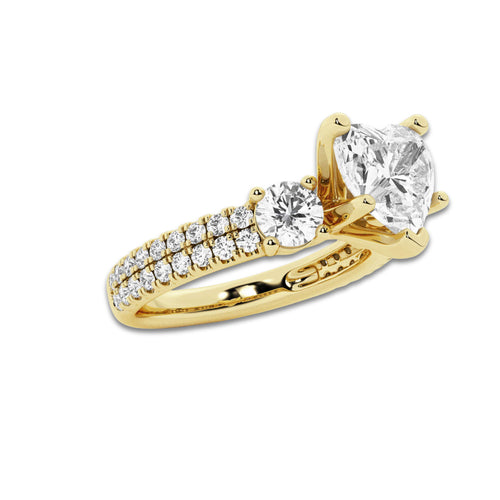 1.50 ctw Heart Lab-Grown Diamond Three Stone Double Row Engagement Ring in 14K Yellow Gold for Women | E Color, VS1 Clarity, IGI Certified 0.75 ct Center Diamond