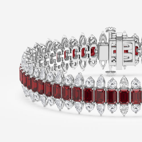 14 1/2 Emerald Cut Created Ruby and Round and Pear Lab Grown Diamond Bracelet - 7 Inches 14K White Gold