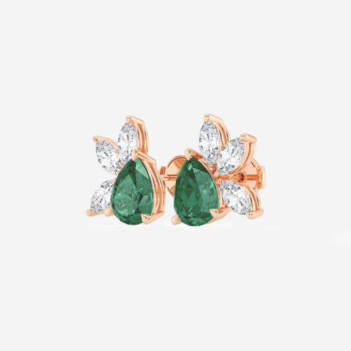 9.0X7.0 mm Pear Shaped Created Emerald and 1 3/4 ctw Marquise Lab Grown Diamond Fan Earrings 14K Rose Gold