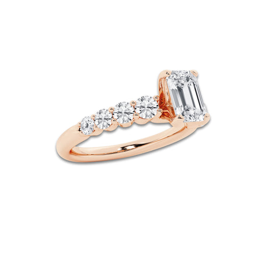 1.29 Ct Emerald Lab-Grown Diamond Half Eternity Engagement Ring in 14K Rose Gold for Female, Colorless (E), VS1 Clarity | IGI Certified, 0.75 Ct Center Diamond
