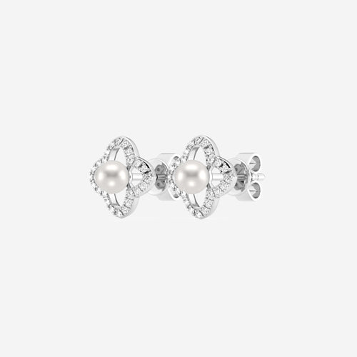 3.5 - 4.0 mm Cultured Freshwater Pearl and 1/5 ctw Lab Grown Diamond Clover Drop Earrings 14K White Gold