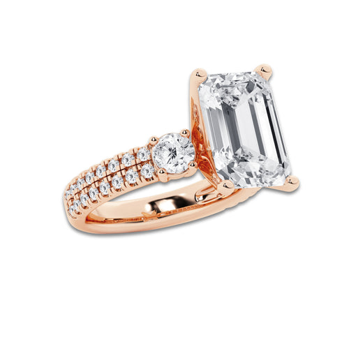 7.96 ctw Emerald Lab-Grown Diamond Three Stone Double Row Engagement Ring in 14K Rose Gold for Women | E Color, VS1 Clarity, IGI Certified 7.00 ct Center Diamond
