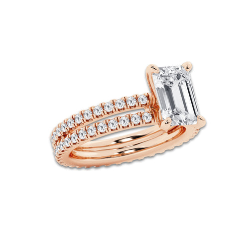 3.39 ctw Emerald Lab-Grown Diamond Double Row Diamond Engagement Ring in 14K Rose Gold for Women | Colorless D, VVS1 Clarity, IGI Certified 2.50 ct Center Diamond