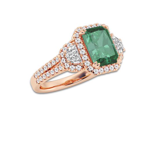 Carnation 9X7 mm Radiant Cut Created Emerald and 7/8 ctw Round and Half Moon Lab Grown Diamond Side Stone Engagement Ring 14K Rose Gold
